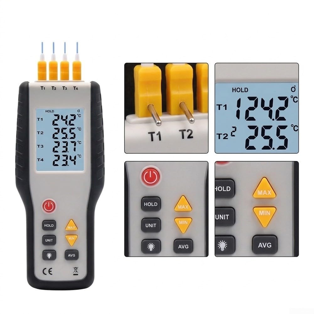 Termómetro digital de 4 canales para tipo K de -200 a 1372 °C LCD de 4 canales