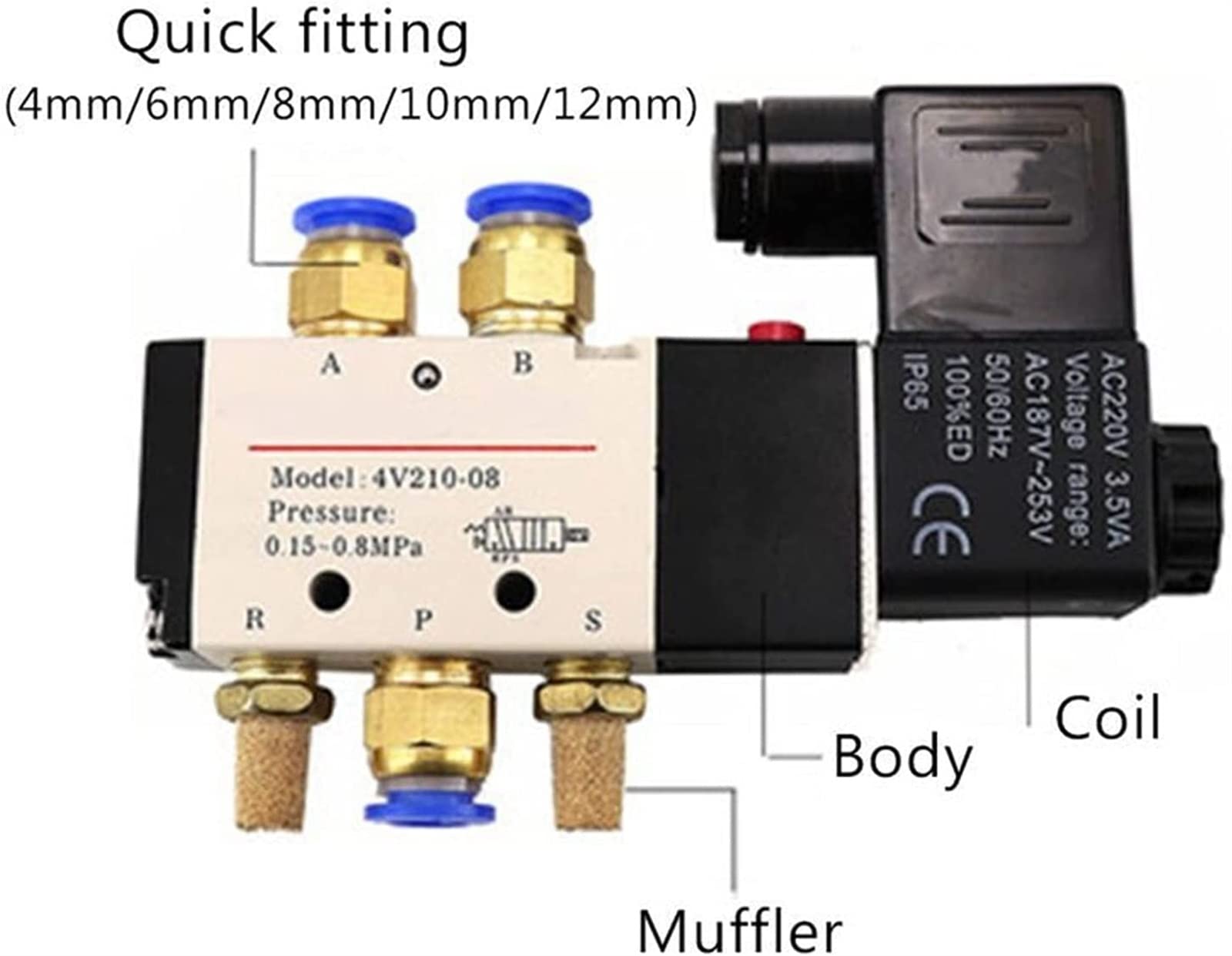 Pneumatyczny zawór elektromagnetyczny DC12V 24V, cichy 4V210-08, 4 mm 6 mm 8 mm 10 mm 12 mm, szybkie złącze AC110v 220 V użyteczne (z złączami 6 mm, AC110V)