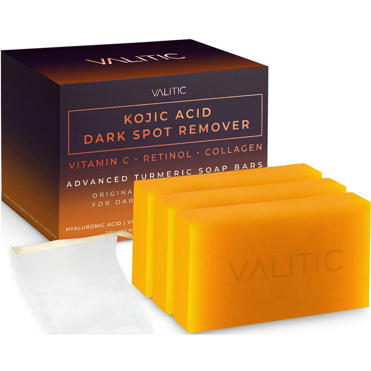 VALITICUnisex Dark Spot Corrector Bar, 100g - Exfoliating, SLS and Paraben-Free Turmeric Soap for Skin Tone Correction, Vitamin C, Retinol and Collagen Blend
