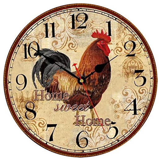 TAHEAT 14 Inch Rustic Rooster Wall Clock Retro Silent Non Ticking Easy to Read Clock, Battery Operated Decorative Wall Clocks for Kitchen/Living Room/Bedroom/Farmhouse Decoration