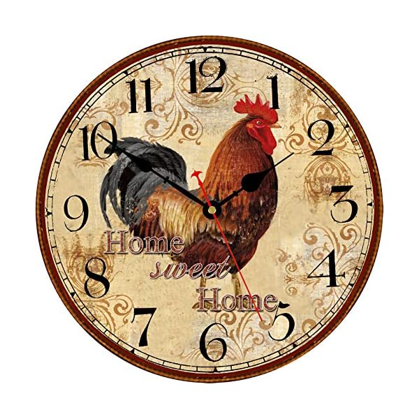 TAHEAT 14 Inch Rustic Rooster Wall Clock Retro Silent Non Ticking Easy to Read Clock, Battery Operated Decorative Wall Clocks for Kitchen/Living Room/Bedroom/Farmhouse Decoration