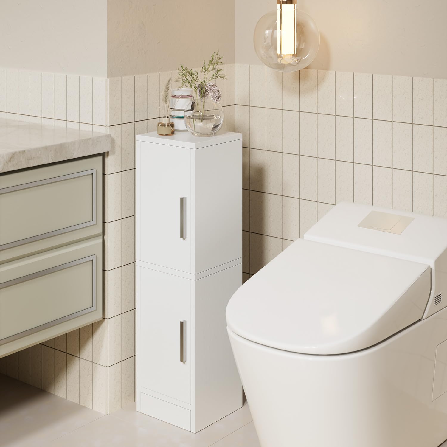 IBUYKE Armario de Almacenamiento para baño pequeño, Modelo WBS002W | Armario estrecho para guardar papel higiénico, con 2 puertas y estante ajustable, organizador de baño para espacios reducidos