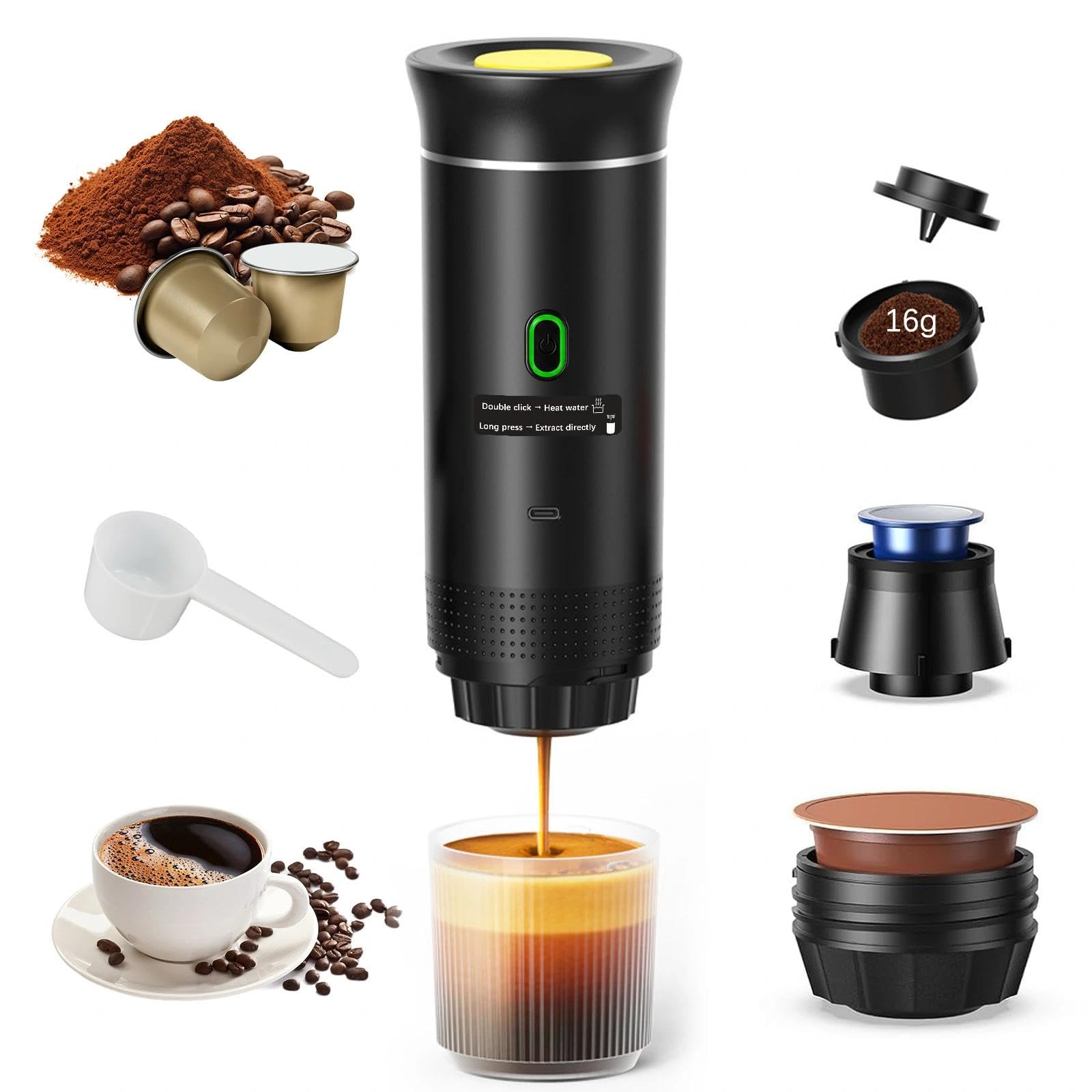 Cafetera Espresso Eléctrica Portátil 3 en 1, Maquina Cafe Capsulas 20 Bar | Cafetera de Viaje para Camping, Cafetera de Coche Autocalentable con USB C para Cápsulas Pequeñas o Grandes y Café Molido