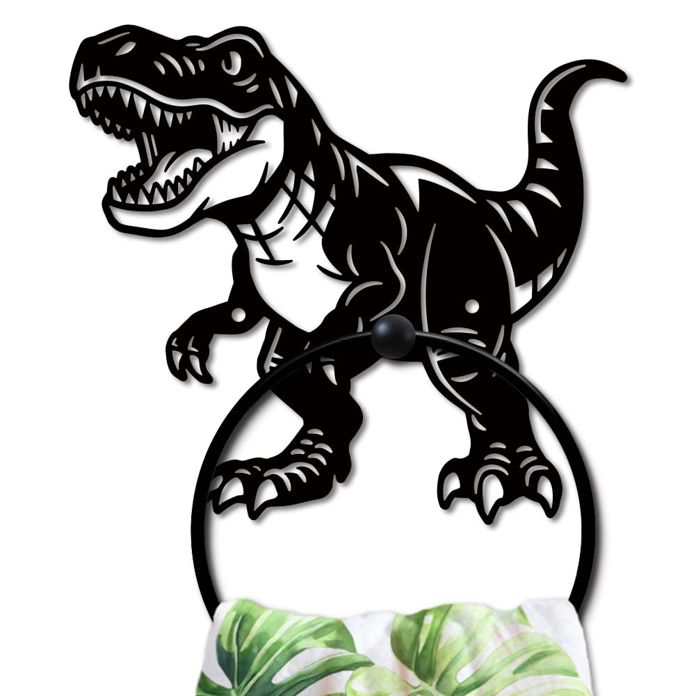 MAYJOYDIY Roar Dinosaur Metal Towel Ring Tyrannosaurus Rex Towel Holder Jurassic Animals Bath Ring Black Art Rack for Bathroom Kitchen Home Decors Gift