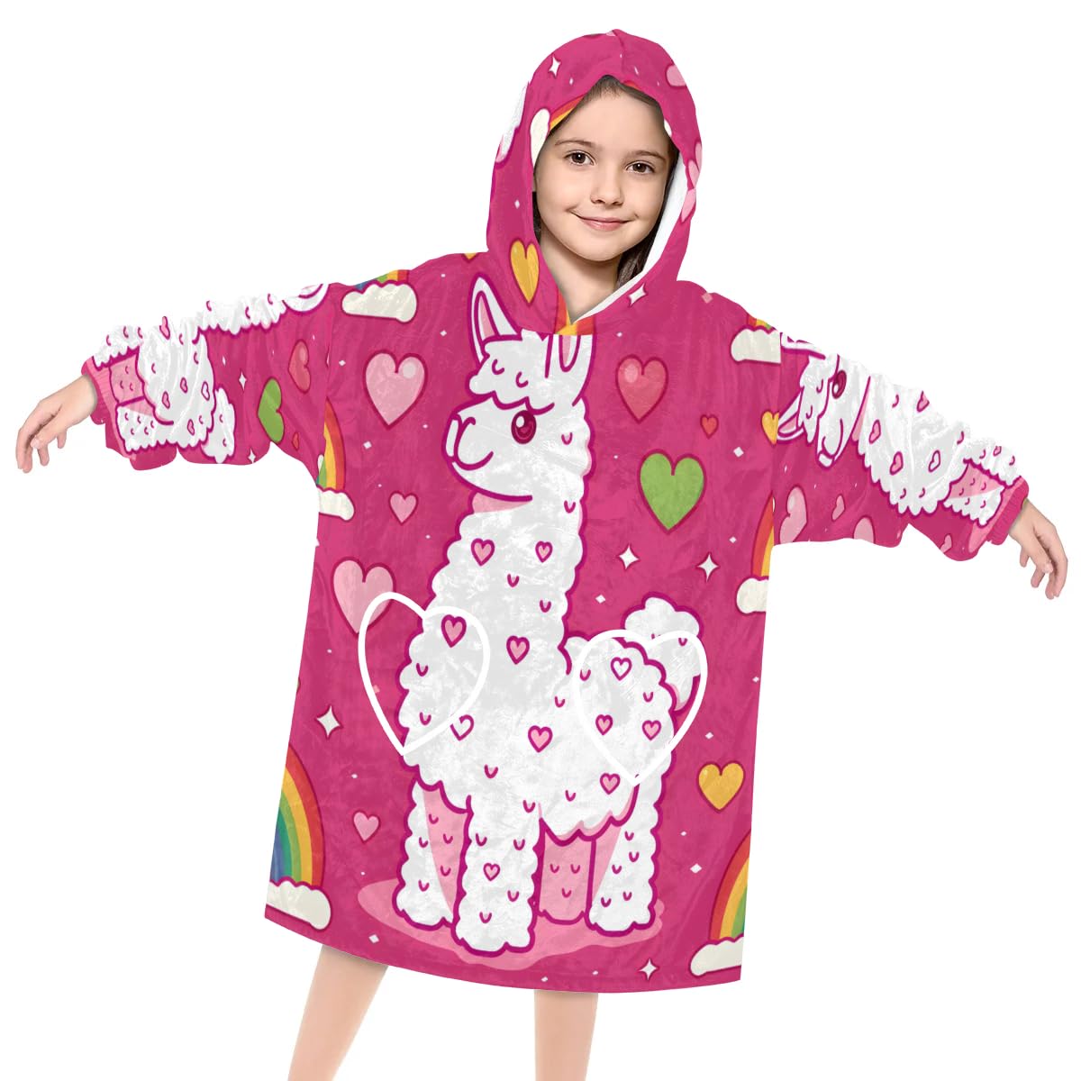 Wearable Blanket Hoodie for Kids, Rainbow Alpaca Fleece Sweatshirt Blanket Oversized Blanket Sweatshirt with Pocket Flannel Warm Hooded Blanket 6-10 Year Old Girl Boy Gift, One Size