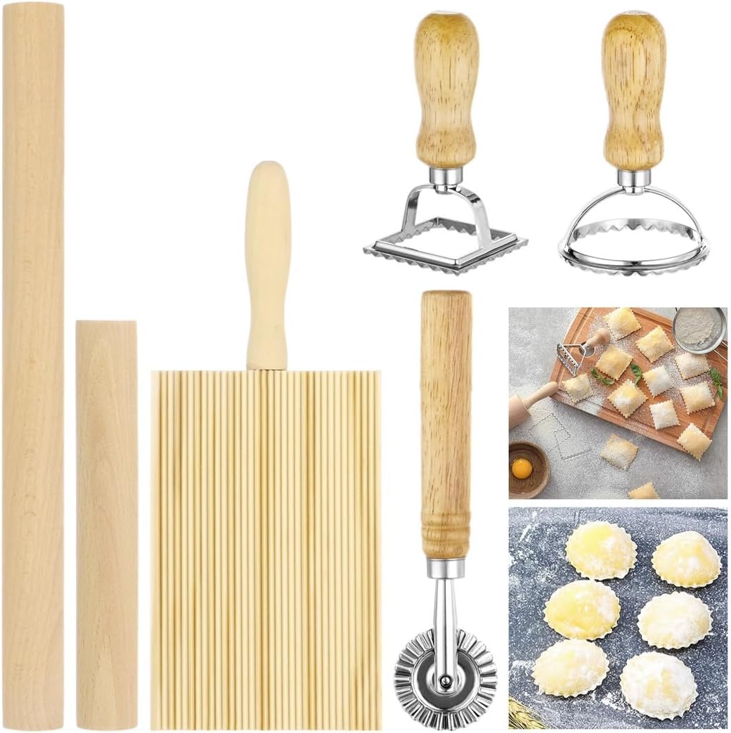 6-Piece Homemade Pasta Set, Includes Gnocchi Board, Ravioli Stamps, Rollers, And Rolling Cutter For Wontons And Dumplings