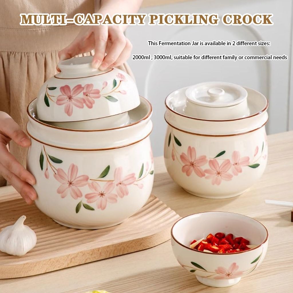 Hand-painted Cherry Blossom Storage Jar, Double Lid Design Fermentation Crock, Household Water Seal Design Kimchi Jar, Ceramic Grain Container(3000ml)
