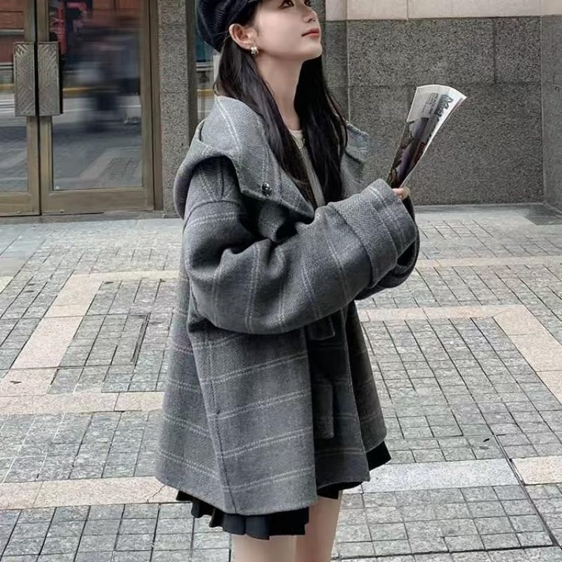 utcoco Women Oversized Plaid Wool Coats Winter Warm Thicken Hooded Pea Coat Trench Overcoats with Pockets3