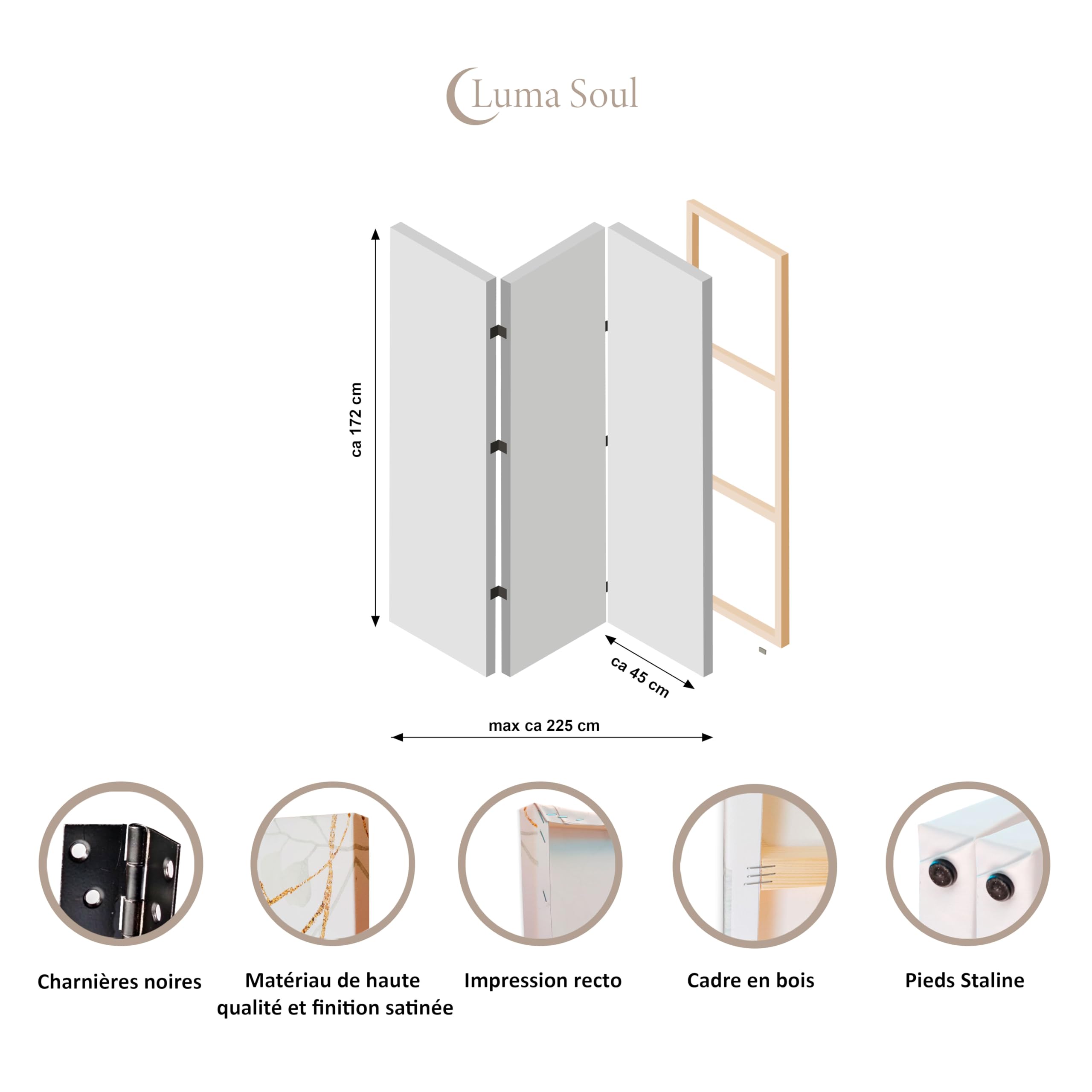 Paravent Intérieur 3 Panneaux Simple Face Pliable - Separateur de Pieces - Cloison de Separation de Chambre pour Chambre à Coucher, Salle de séjour - 135x172 cm Nature