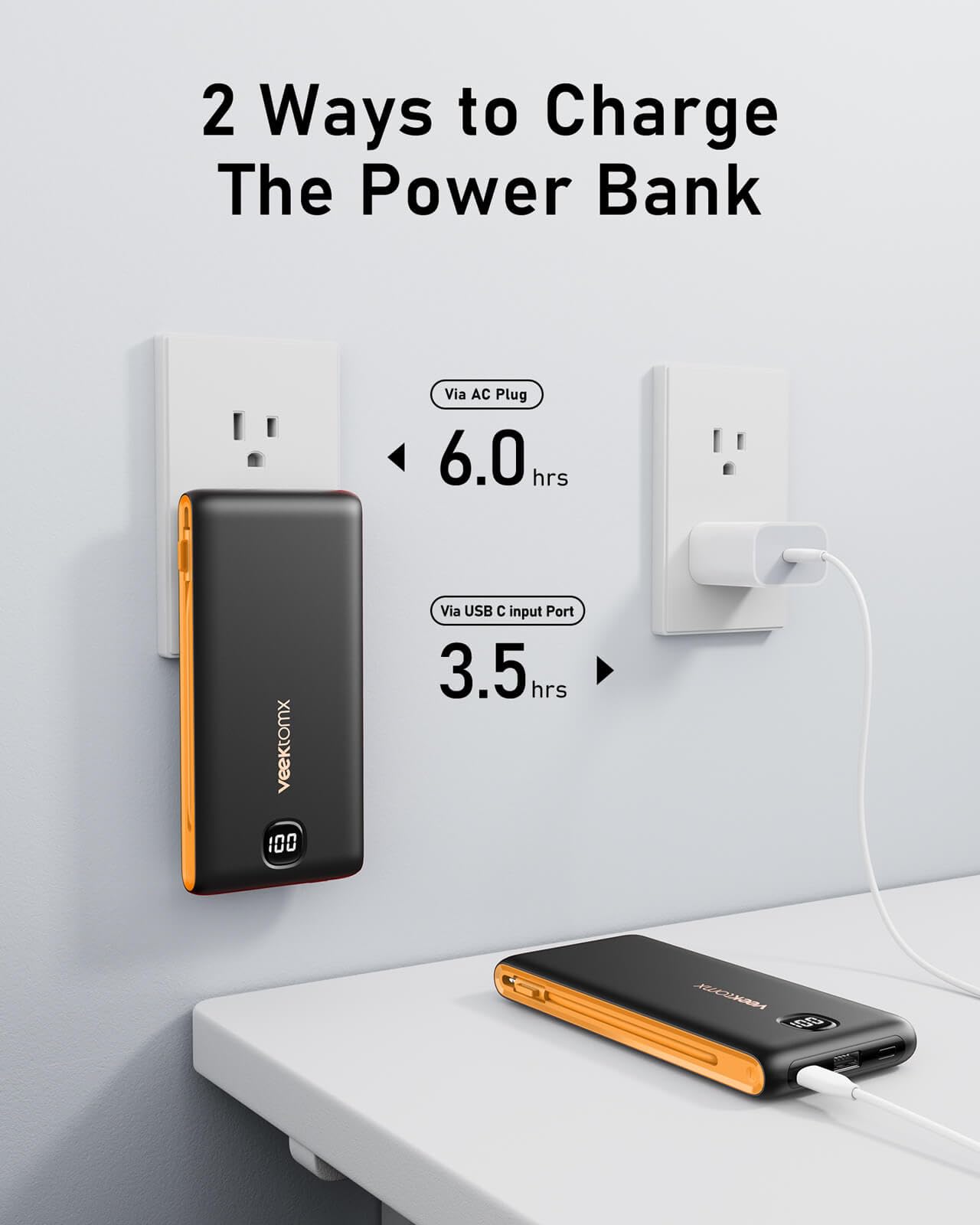 VEEKTOMX 10000mAh Portable Charger with Built-in Cables & Wall Plug view 4