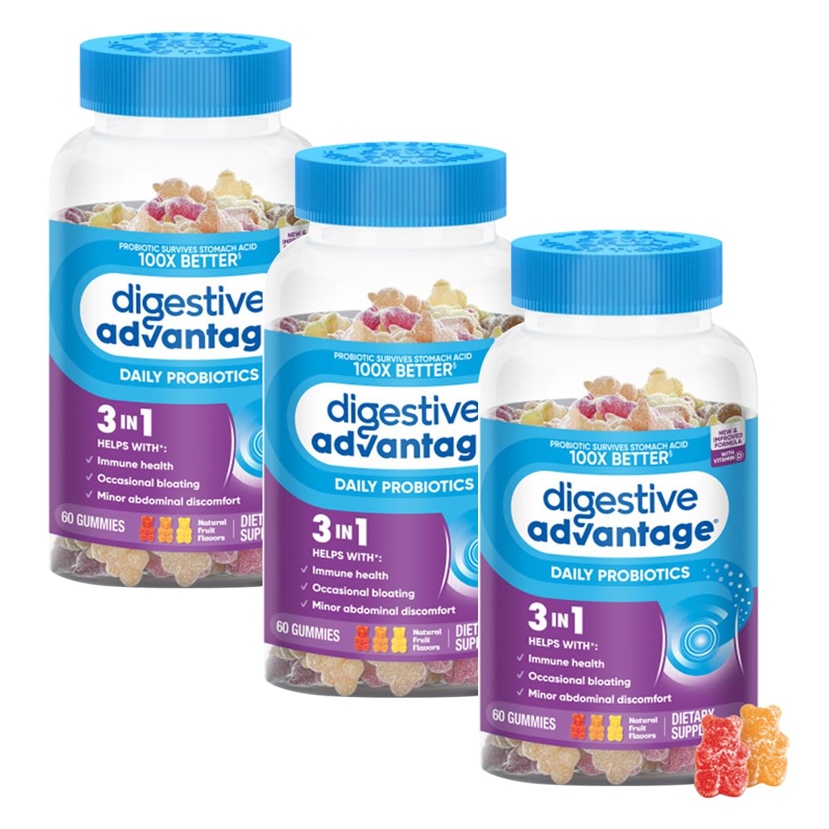 3-in-1 Natural Fruit Flavors Probiotic Gummies for Women & Men Occasional Bloating, Minor Abdominal Discomfort & Gut Health, 60 Count Gummies (3 Pack)