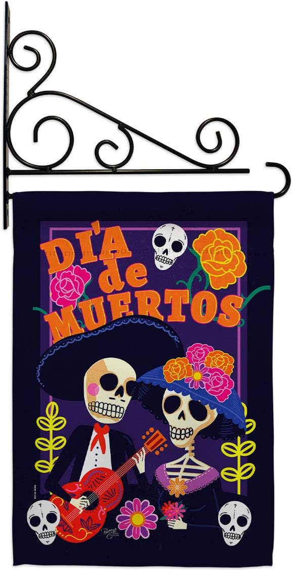Dia de Muertos Couple Garden Flag Set Wall Holder Falltime Day of Dead Los Fiesta Mexican Party Autumntime Small Decorative Gift Yard House Banner Made In USA 13 X 18.5