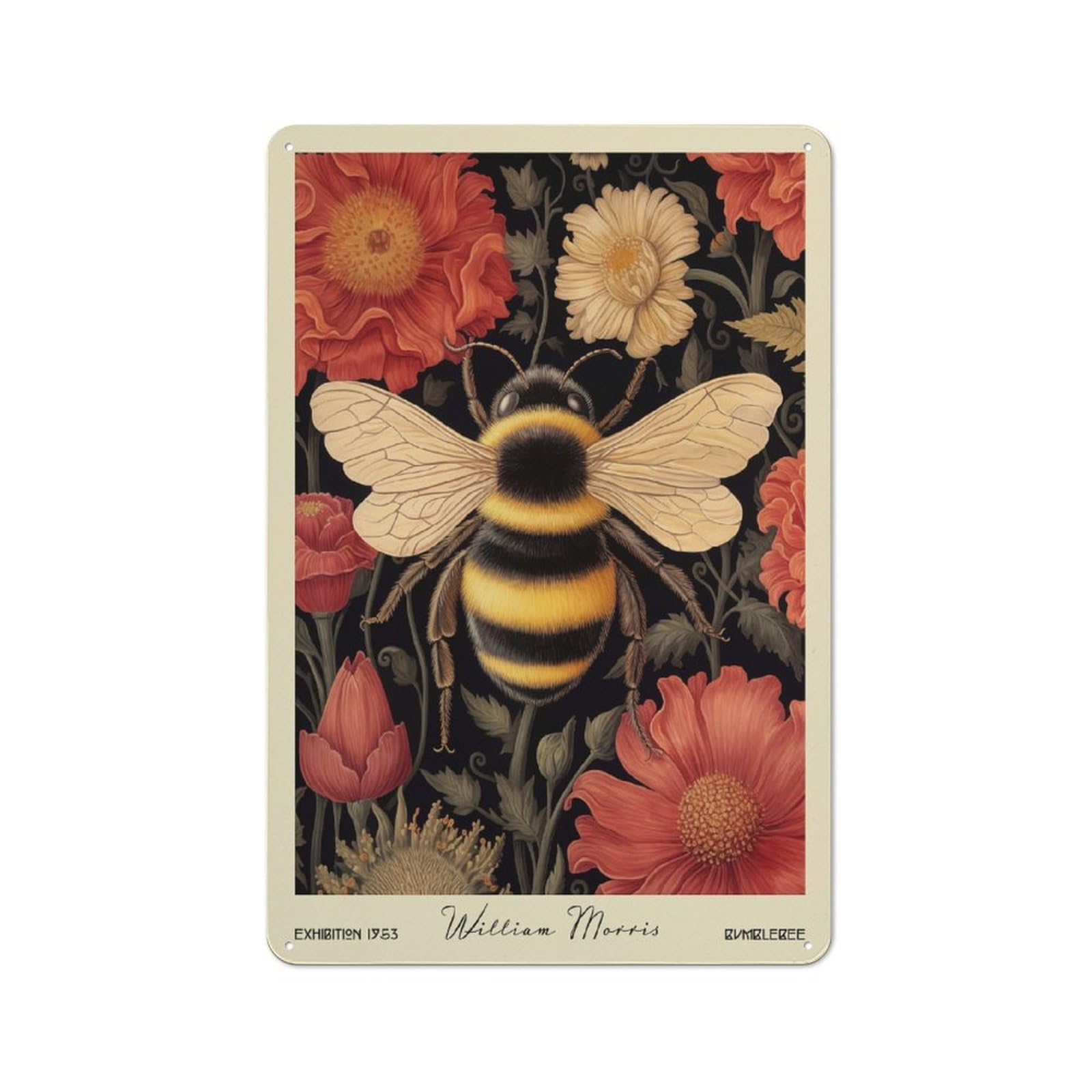 Junmoney Style-3 Vintage Tin Sign 30X20cm With Bumblebee William Morris Floral For Garage Or Workshop, For Metal Sign Collectors, For Cafés, Pubs And Restaurants