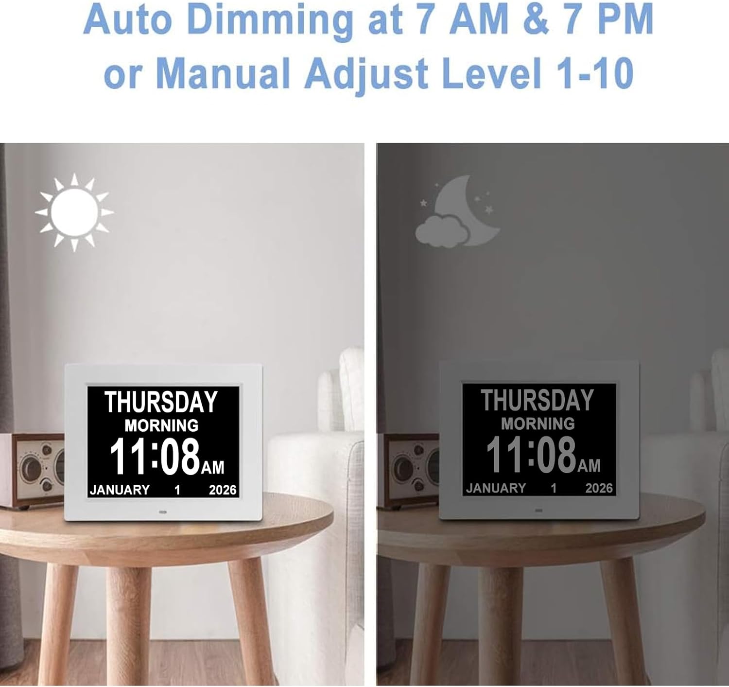 Aowasi 8 Alarms Digital Clock, Extra Large Display Wall Digital Day Calendar Clock with Non-Abbreviated Day & Month Alarm Clocks for Seniors Impaired Vision Dementia Elderly Alzheimer