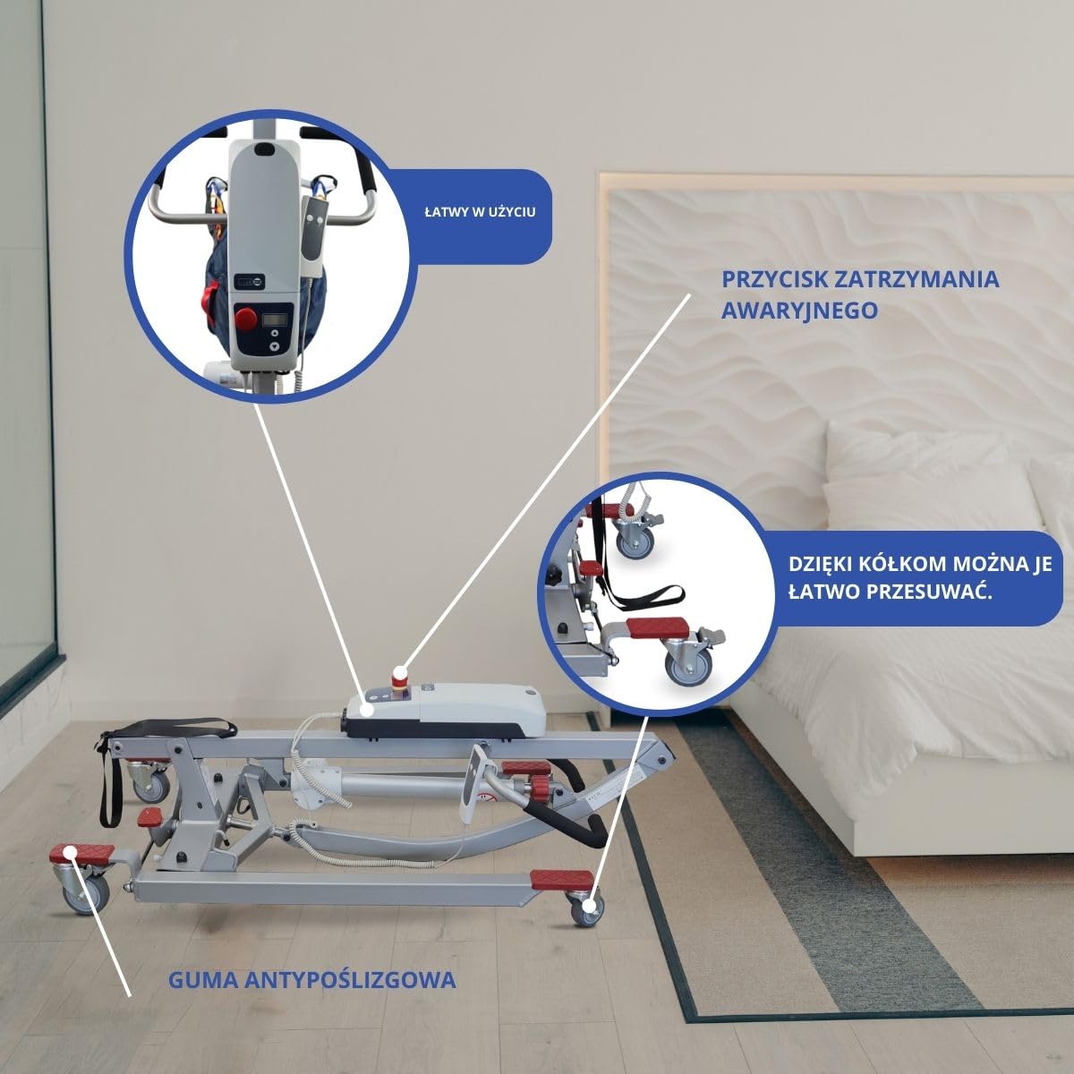 Mobiclinic®, Elektryczny Podnośnik Pacjenta dla Seniorów, Składany, do 180 kg, Rama Wstępnie Zmontowana, w Zestawie Uprząż do Przenoszenia, Regulowana Szerokość, Kółka z Hamulcami, Stalowy, Fortuna