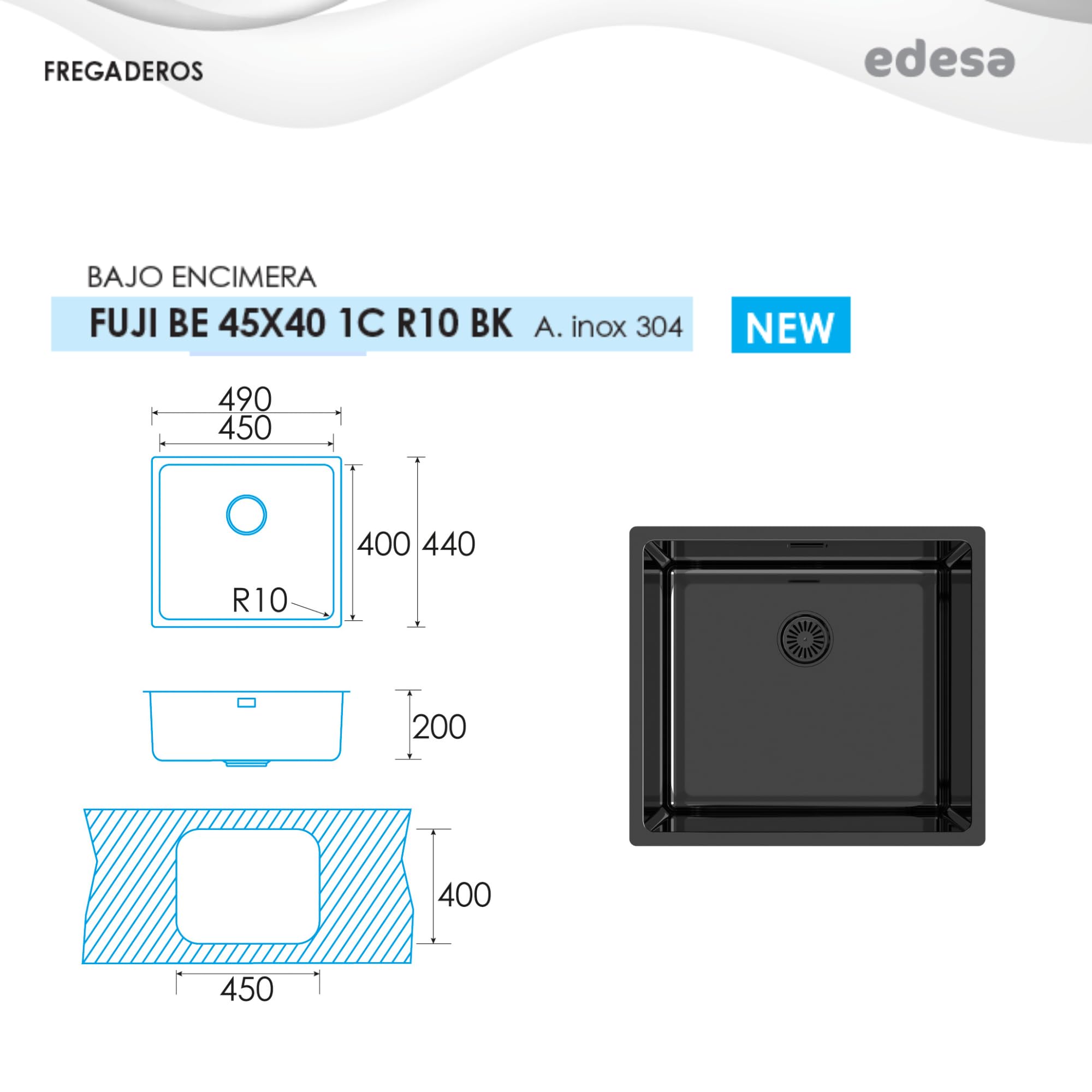 Edesa Fregadero Cocina Bajo Encimera 1 Cubeta Cuadrada FUJI BE 45X40 cm Acero Inoxidable Profundidad 18 cm Fondo Absorbente Accesorios Incluidos Color negro