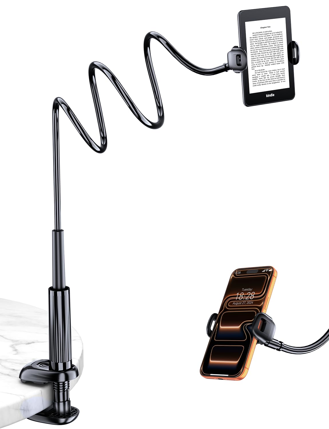 Schwanenhals Kindle & Handy halterung Bett: eReader Handyhalter für Tisch, Flexible Arm Verstellbare Ebook Zubehör Ständer für iPhone 17 Pro Max/Kindle Paperwhite/Oasis/Kobo/Tolino/Switch 4,7–8.6 Zoll
