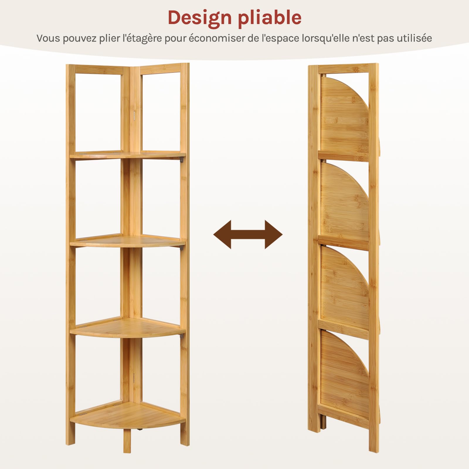 WOLTU Étagère d'angle Pliable à 4 Niveaux en Bambou Naturel | Étagère de Rangement Multifonctionnelle avec Échelles, pour Salle de Bain/Cuisine/Salon, 27x27x120 cm