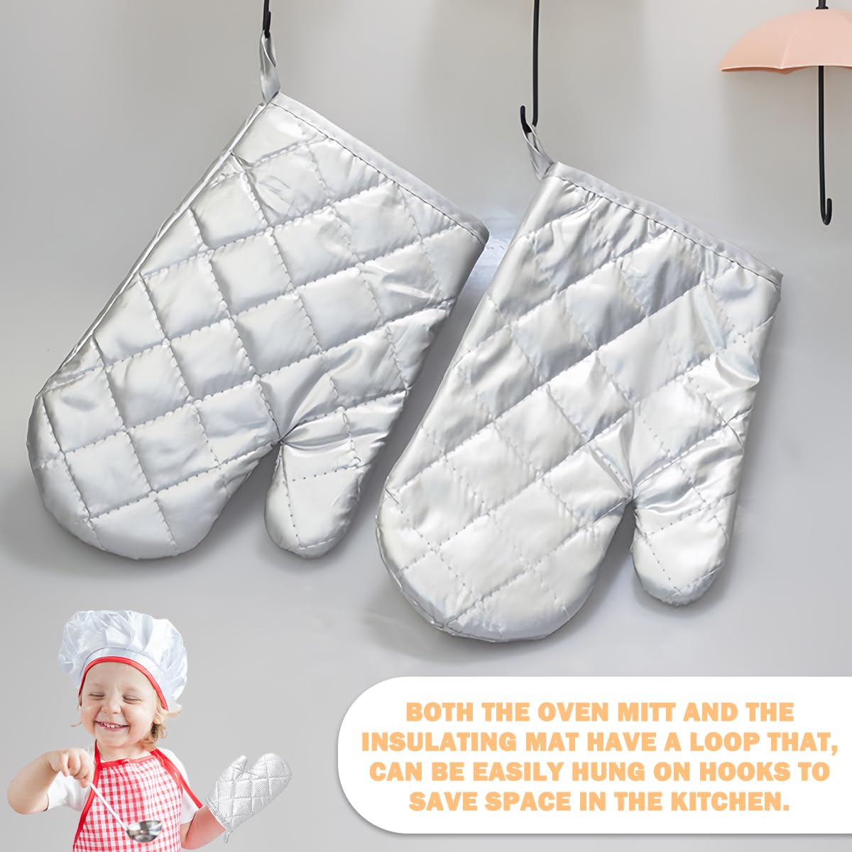 Guantes de cocina de algodón para niños, de tamaño pequeño, para microondas, guantes de cocina resistentes al calor, 1 par, plateado (7 x 4 pulgadas) 5