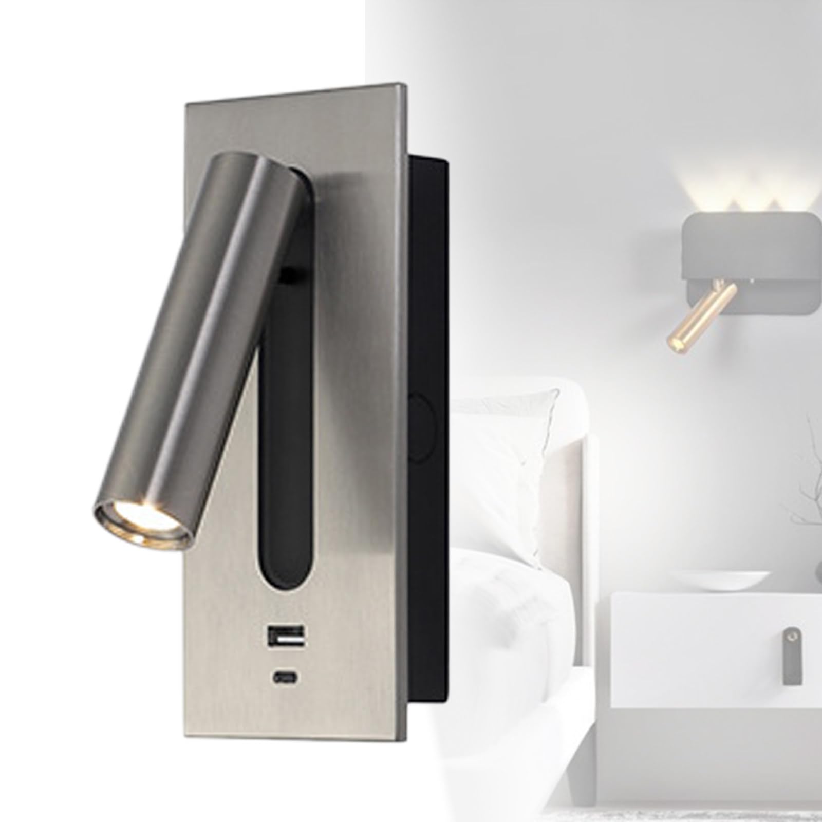 Aplique De Pared De Cama Moderno Integrado Ajustable Con Puerto Usb De 5v 2.1a, Luz De Lectura Led Montada En La Pared LáMpara De Lectura De Cabecera Blanca CáLida 3000k,Nickel-USB+type-c