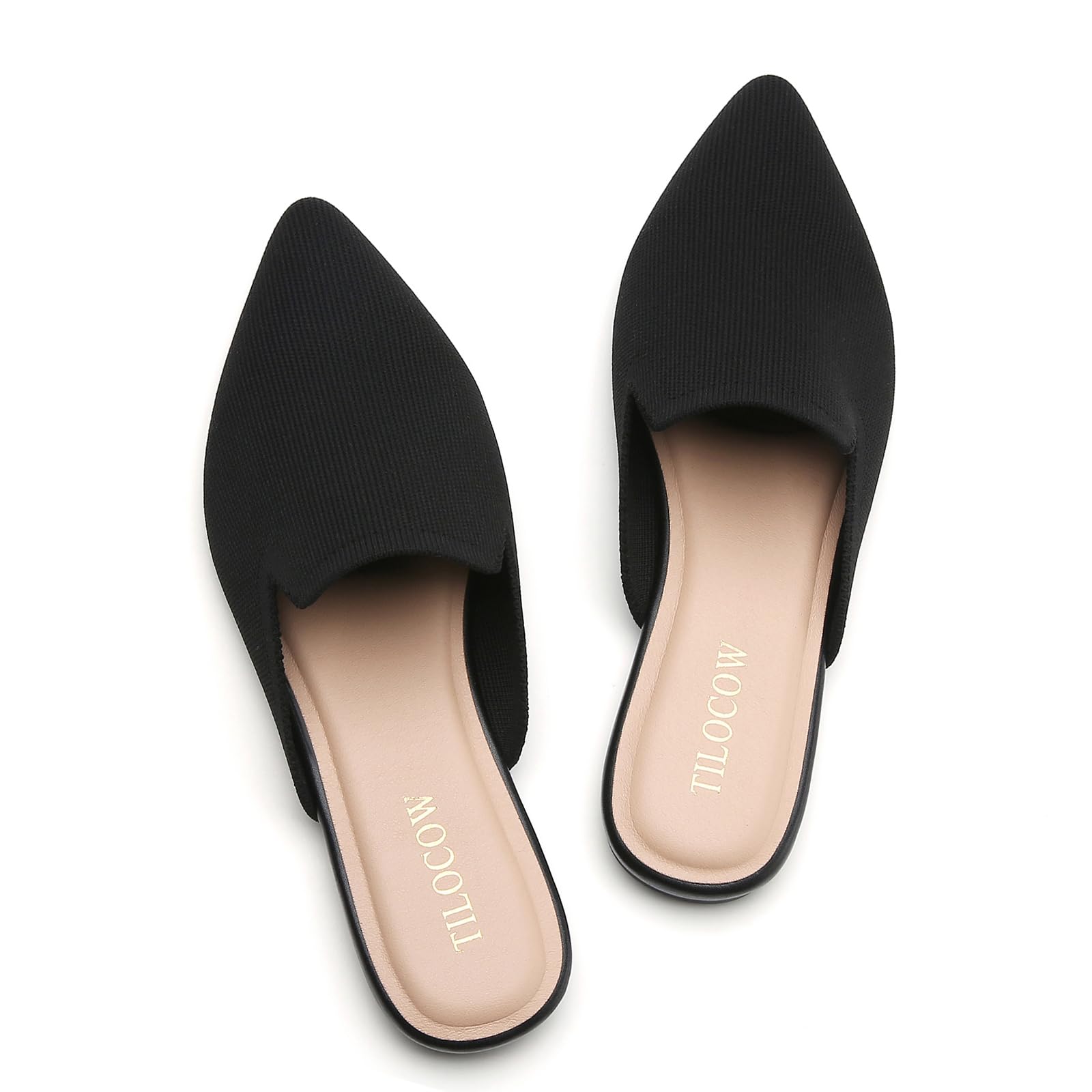 Tilocow Knit Mules for Women Flats Pointed Toe Mesh Ballet Flat Womens Slip On Slides Walking Shoes