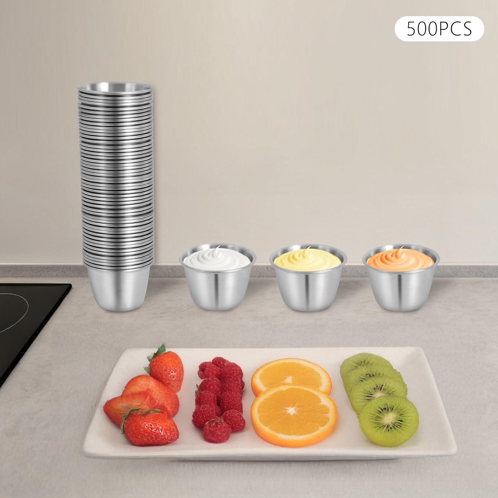 500 Stück Edelstahl Saucenbecher, Mini Dip-Schalen Set, Kleine Saucenschälchen, Stapelbare Gewürzschälchen, Dipbecher Schüsseln für Catering Party Restaurant Sushi Barbecue (6 cm)