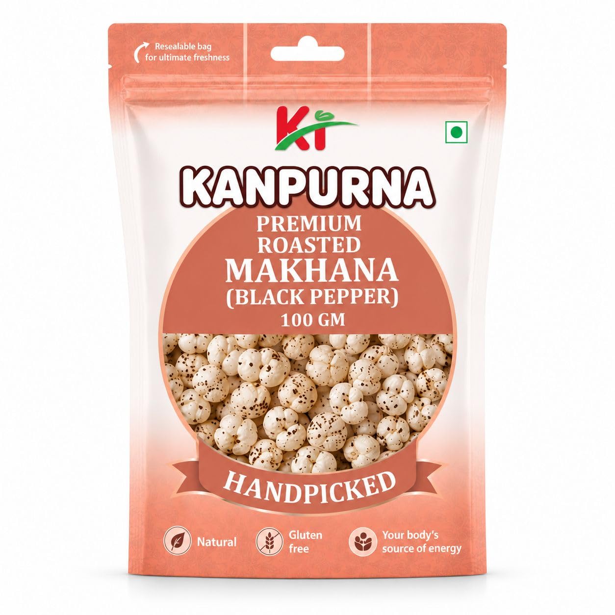Kanpurna Premium Roasted Makhana Black Pepper Flavour 100g Pack | Crunchy Foxnuts Seasoned with Pepper and Rock Salt for a Wholesome Anytime Snacking Experience-image-12