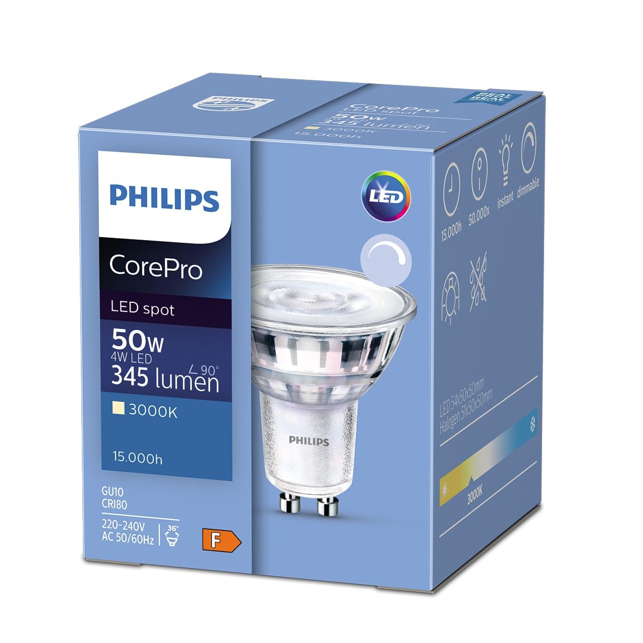 10 pack philips CorePro led spot 4-50w gu10 830 36d dimmable uk (NEW)