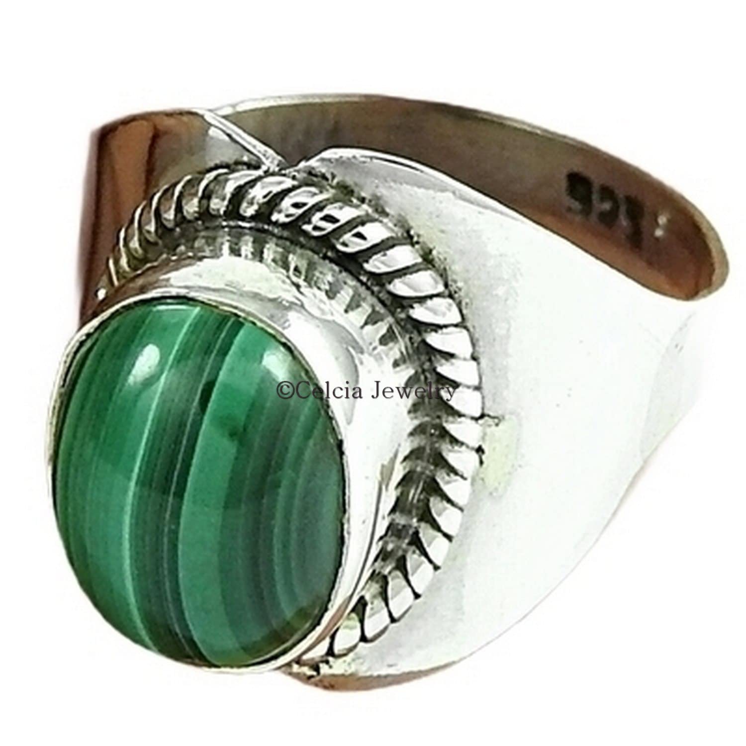 anillo piedras preciosas naturales de malaquita, plata de ley 925 sólida, anillo unisex hecho a mano, regalos de boda únicos para mujeres, anillo sello, regalos de vacaciones, anillo tungsteno