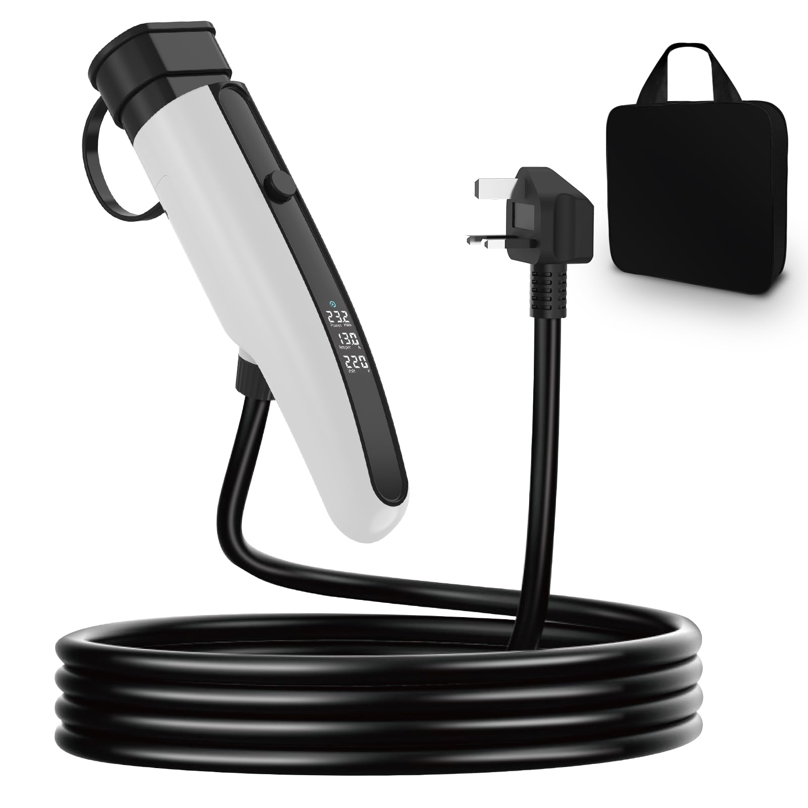 EV Charger Type 2 to 3 Pin Plug, Portable EV Charging Cable, 3kW [8/10/13A] Electric Car Charger for EVs and PHEVs with Storage Bag(White 10M)