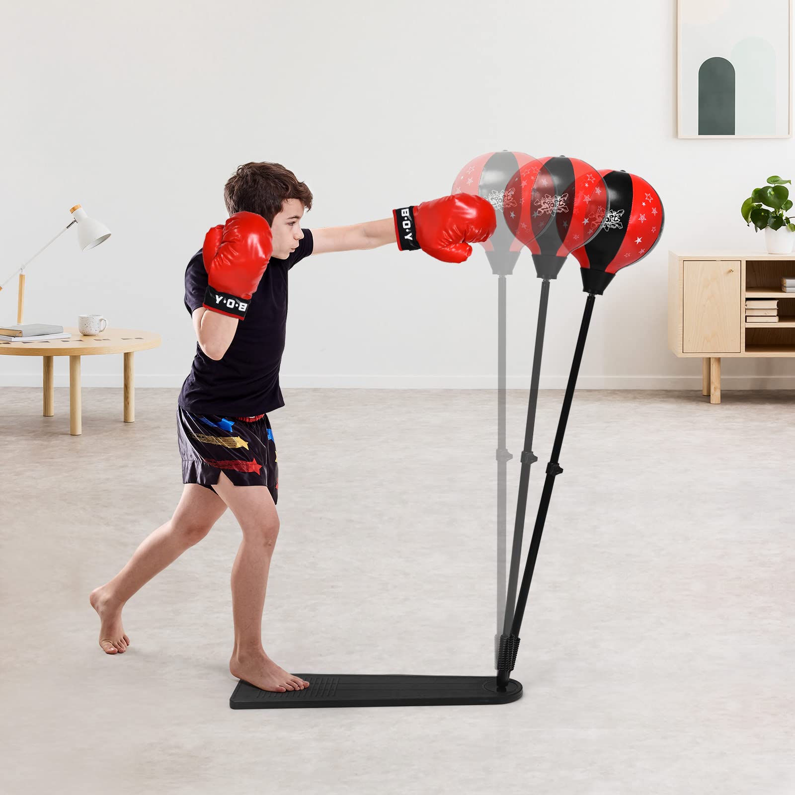 GYMAX Juego de Boxeo 85-130 cm Regulable en Altura, Set de Boxeo con Guantes y Bomba, Soporte de Boxeo con Pedal Antideslizante, Saco de Boxeo Fijo para Niños y Adolescentes a Partir de 8 Años