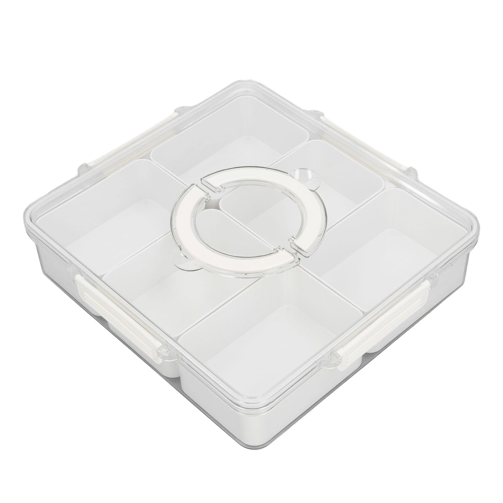 Caja Organizadora de Snackles Portátil para Cocina con 6 Rejillas y Tapa Sellada Ideal para Almacenar Frutas y Dulces 34x32x7.5cm (Blanco)