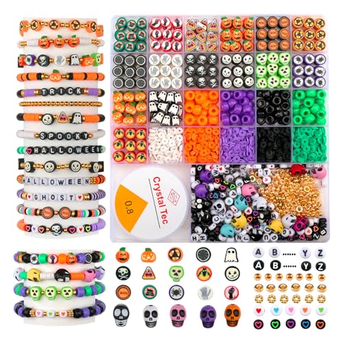 HSONAIGEE 2150 Pieces Halloween Beads Bracelets Making Kit Assorted Cute Fun Beads Polymer Clay Bead Skull Bead Charms for Jewelry Necklace Earring Making DIY Crafts