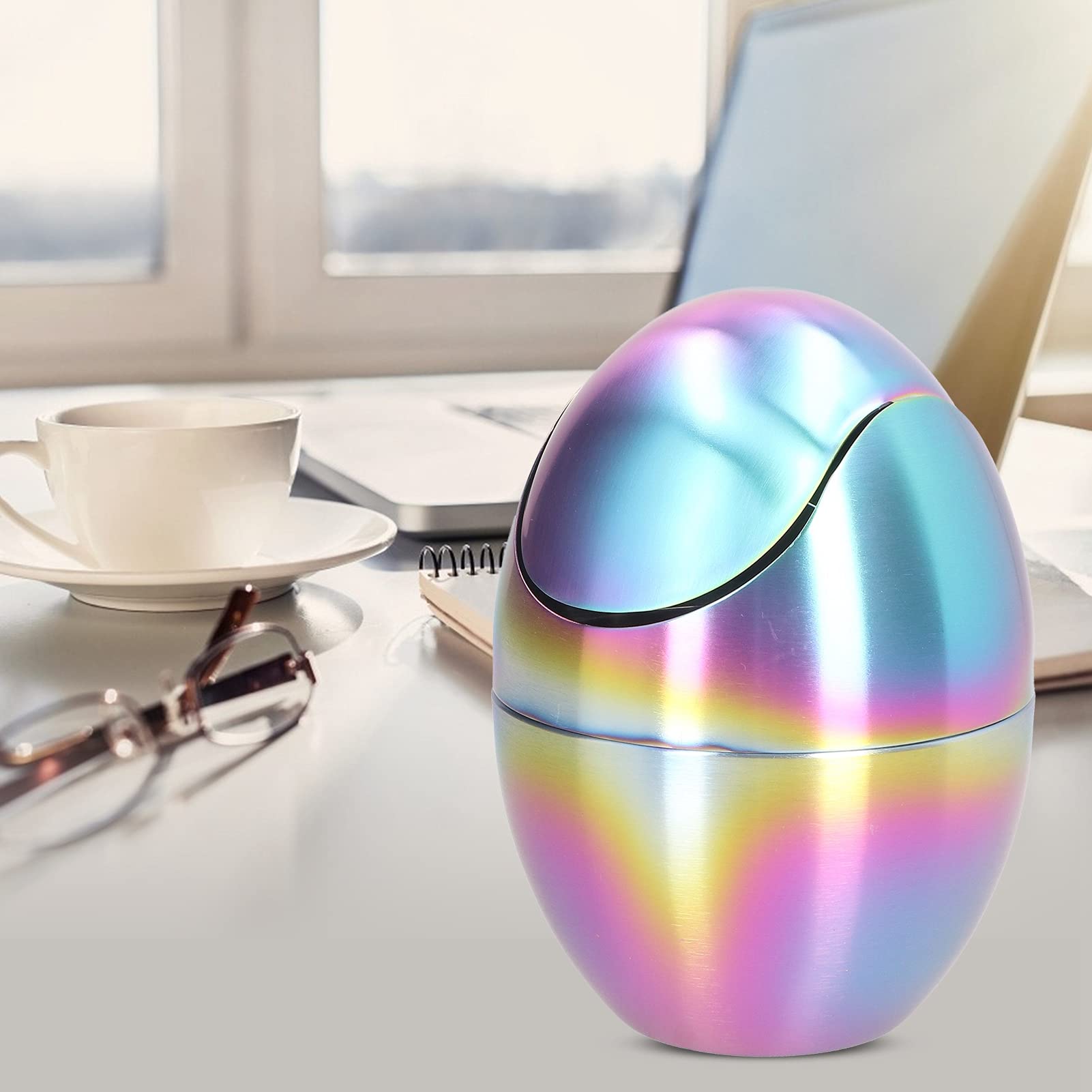 Kompakter eiförmiger Schwingdeckeleimer, eiförmiger Edelstahl-Desktop-Papierkorb mit Clamshell Tiny Countertop Mülleimer für Home Office Kitchen Vanity Tabletop Schlafzimmer Badezimmer Gold(Bunt)