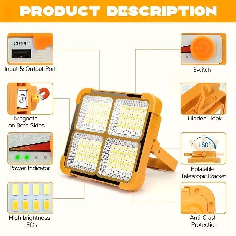 Image of 100W Solar LED Work Light, Rechargeable Flood Light with 12000 mAh Battery, USB Power Bank, IP66 Waterproof for Camping, Garage & Emergency