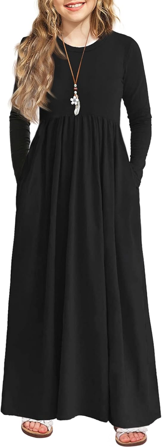 Arshiner Girls Maxi Dress Long/Short Sleeve Casual Holiday Dress with Pockets for 5-13 Years
