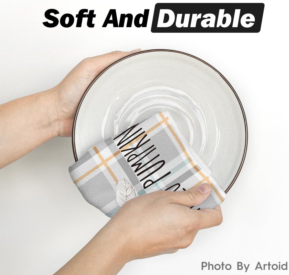 Artoid Mode Grey Watercolor Stripes Hello Pumpkin Fall Kitchen Towels Dish Towels, 18x26 Inch Seasonal Leaves Decoration Hand Towels Set of 2 - Image 5