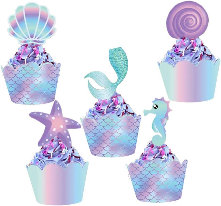 Mermaid Cupcake Toppers and Wrappers, 40 pcs Double Side Little Mermaid Theme Decoration,Under The Sea Theme, Baby Shower Birthday Party Favor, Multicolor