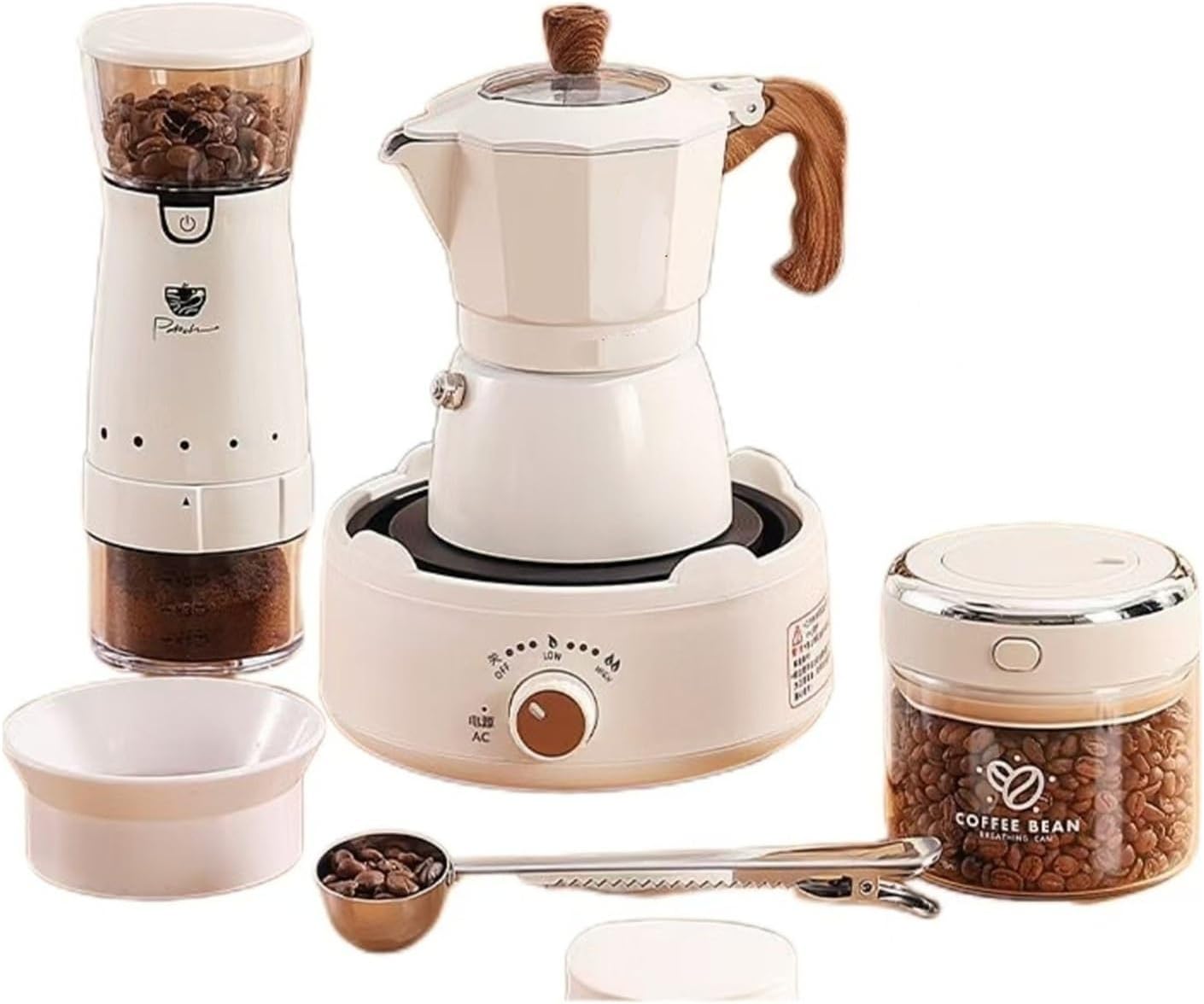 2-3 Cup Titaniu m Coated Double Valve Moka Pot 7-Piece Espresso Maker Set With Electric Stove, Grinder, Bean Canister, Coffee Accessories For Home Camping