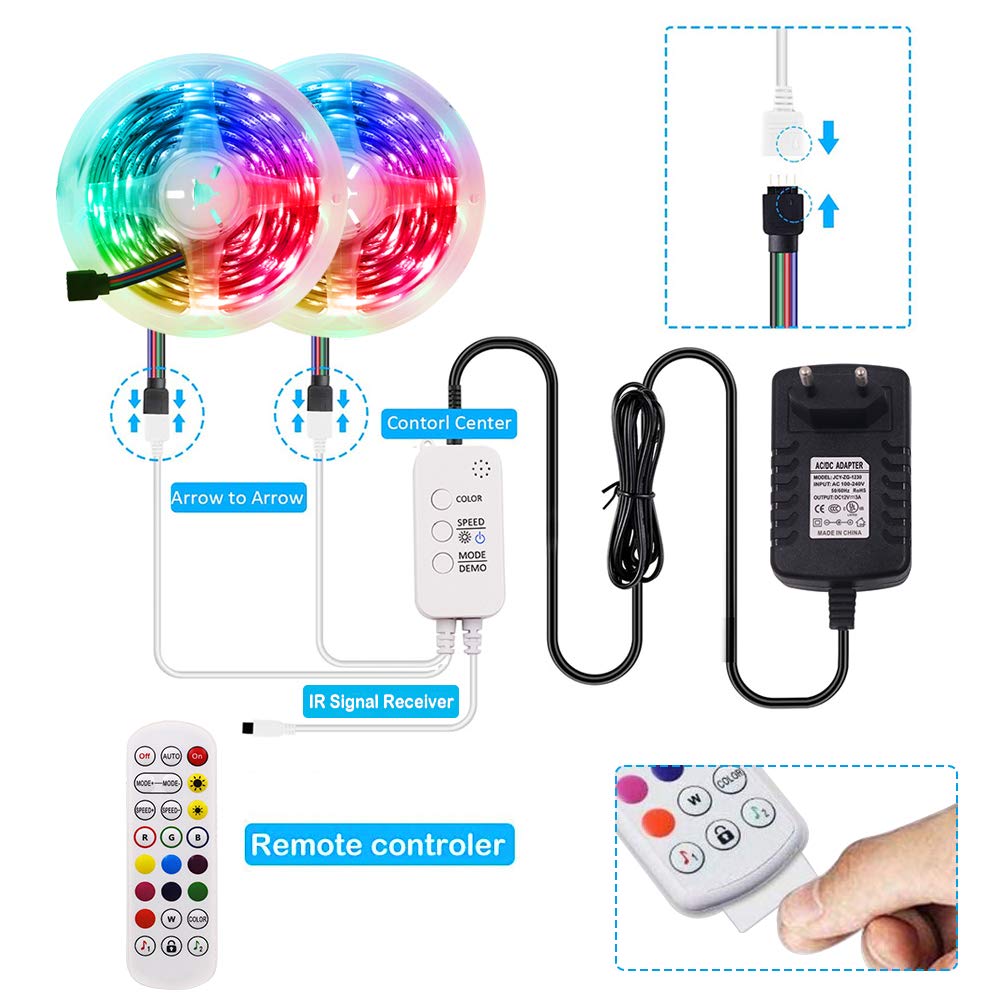 XUNATA Kit de Tira de LED RGB de Música y Bluetooth de 12 V- Tira de Luz Autoadhesiva SMD 5050 30LEDs/m, Control Remoto, Fuente de Alimentación (20m, Impermeable)