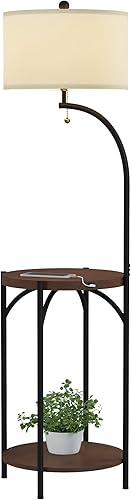 Miniatura 6 de Lavish Home Lámpara de pie con mesa, mesa auxiliar rústica moderna con puerto de carga USB, bombilla LED y pantalla en forma de tambor, luz de pie