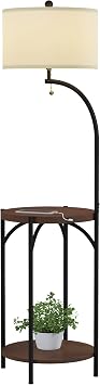 Lavish Home Floor Lamp with End Table - Modern Rustic Side Shelf with USB Charging Port, LED Light, Drum Shade - Stand Light with Bulb