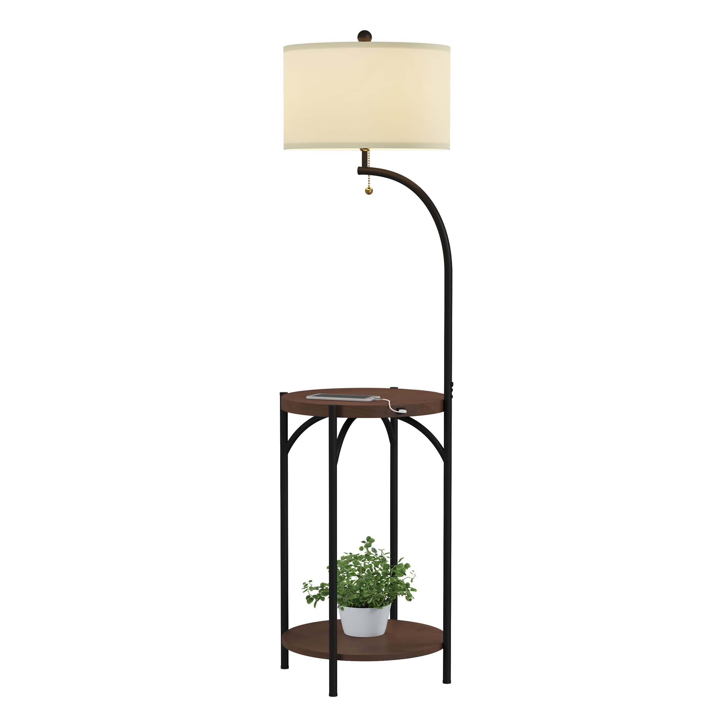 Lavish Home Floor Lamp with End Table - Modern Rustic Side Shelves with USB Charging Portand Drum-Shaped Shade - Standing Lights (No Bulb)