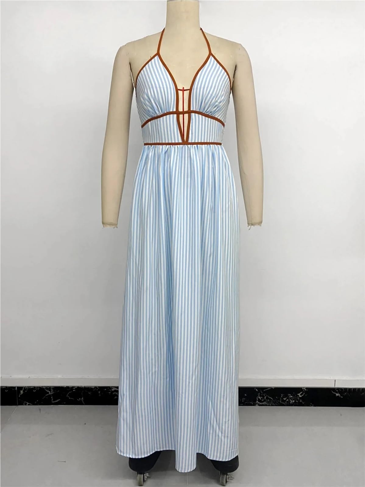 Vestido de Playa Verano a Rayas Azules sin Espalda for Mujer Sexy Halter con Cuello en V Mangas Maxi Fiesta Vacaciones Femenina