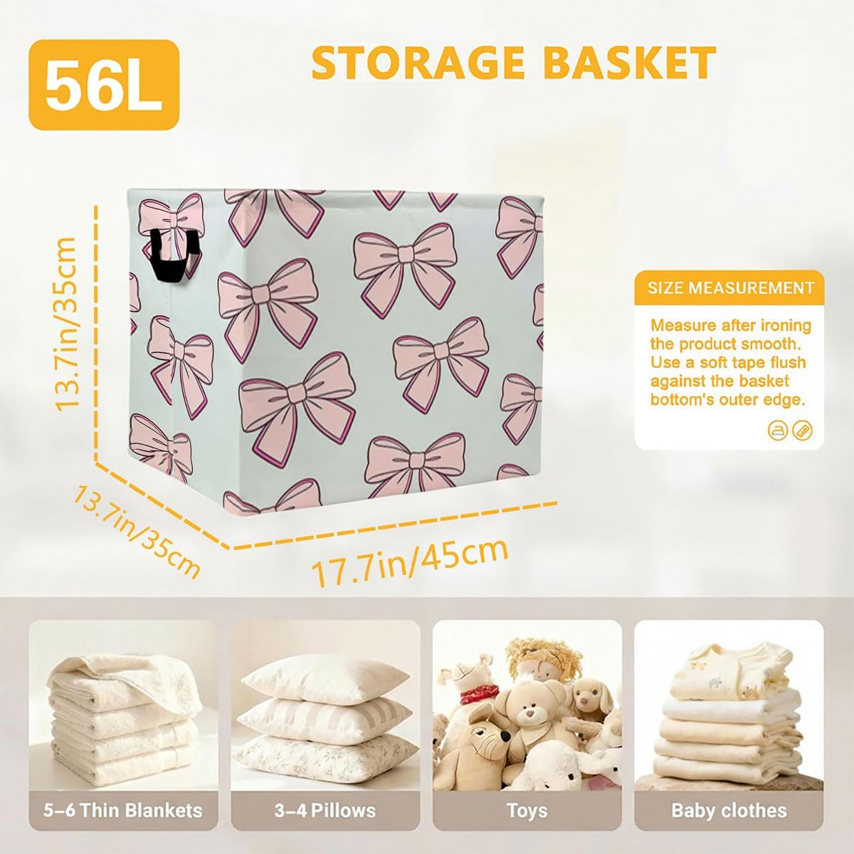 Gray Bow Foldable Laundry Basket Hamper with Handles, 56L Large Capacity Toy Storage Organizer, Collapsible Clothes Hamper for Home Decor and Bedroom Organization. image 4