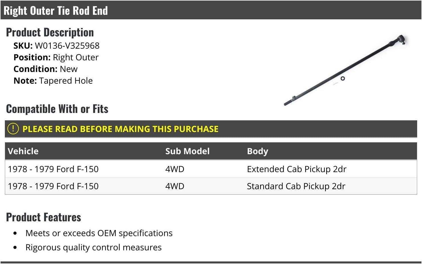 Right Passenger Side Outer Tie Rod End - Compatible with 1978-1979 Ford F-150 4WD 2-Door
