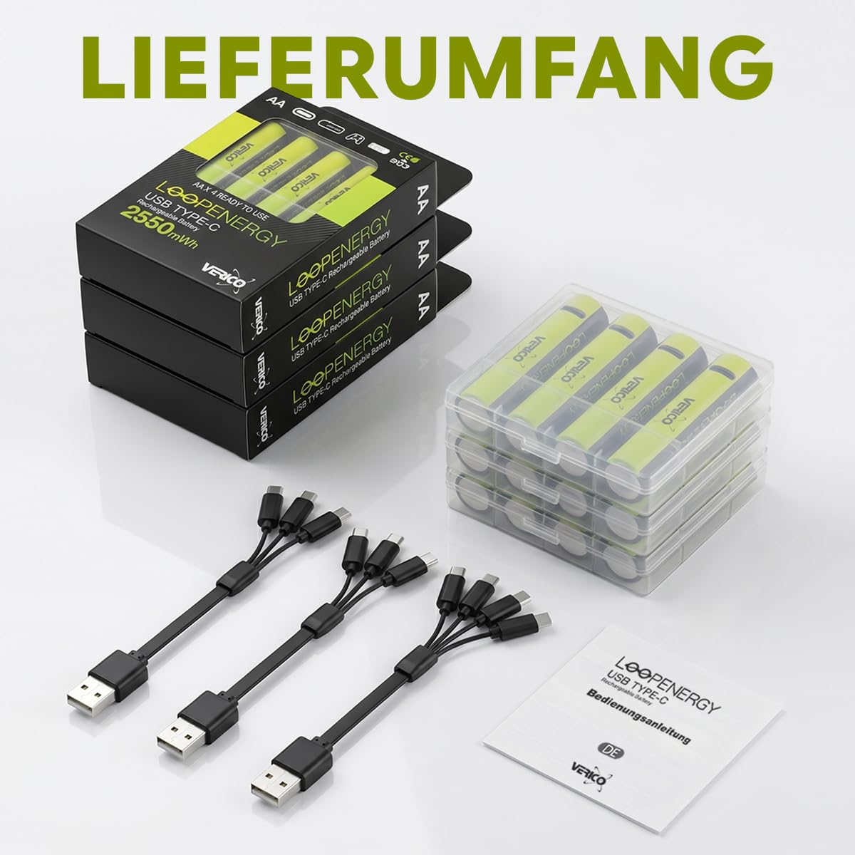 [Preis-LEISTUNGSSIEGER*] 12er Set: VERICO LoopEnergy Pack AA wiederaufladbare Batterien, Lithium Akku Batterie wiederaufladbar, aufladbareset Battery mit Type A auf 4X USB C Ladekabel, aufladbar