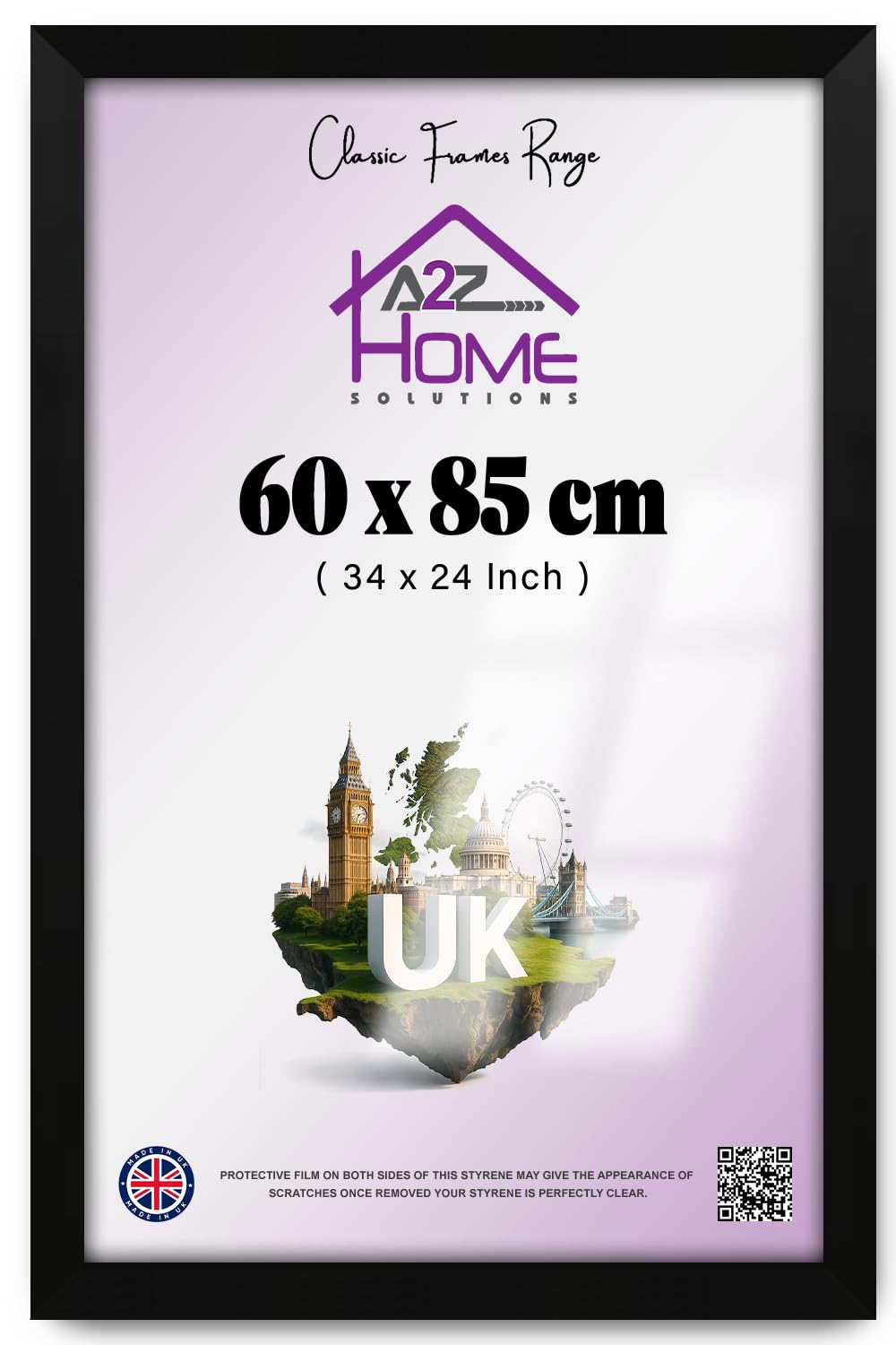 A2Z Wall Poster Frame 60x85cm – Matt Black Flat Eton Wood Frame with Clear Perspex, Hooks & Sawtooth Hangers, Contemporary Home & Office Decor (24x34 Inch)