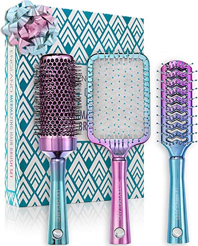 Lily England Hair Brush Set - Professional Round, Vent and Paddle Hairbrush for All Hair Types, Mermaid/ Ombre