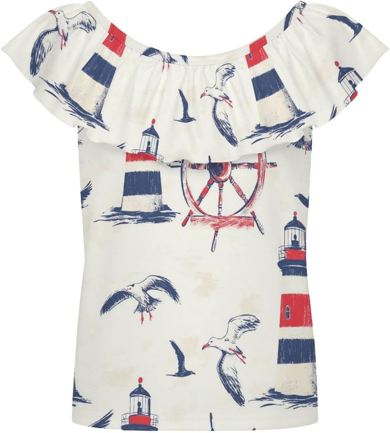Seagulls Lighthouse Sailing Boat Rudder Girls T-Shirts Top Ruffle Short Sleeve Blouse Casual Graphic Tees